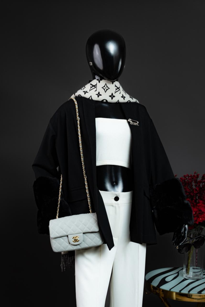 ⁠Woolen front open blazer with double fur sleeves end can be styled with white pants for a night out or a tending jeans at day event.